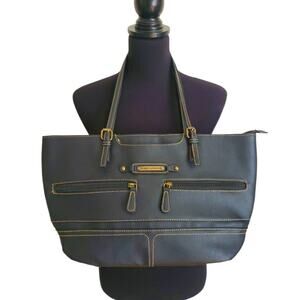 Stone Mountain Shoulder Bag Black Vegan Leather Tote Handbag Purse Lg Carryall